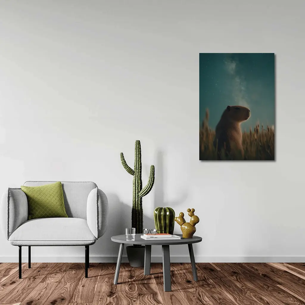 Capybara Sitting In Field Starry Night – Wall Art
