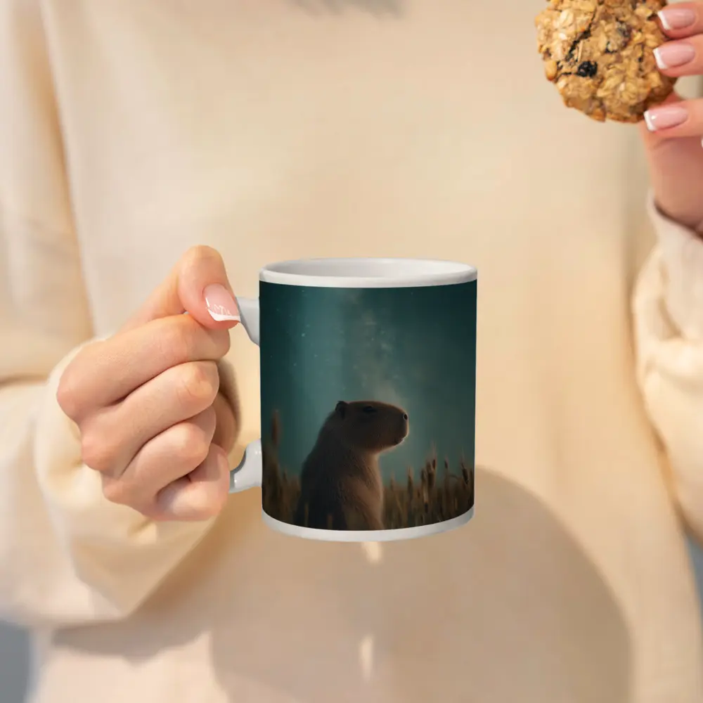 Capybara Sitting In Field Starry Night – Mugs