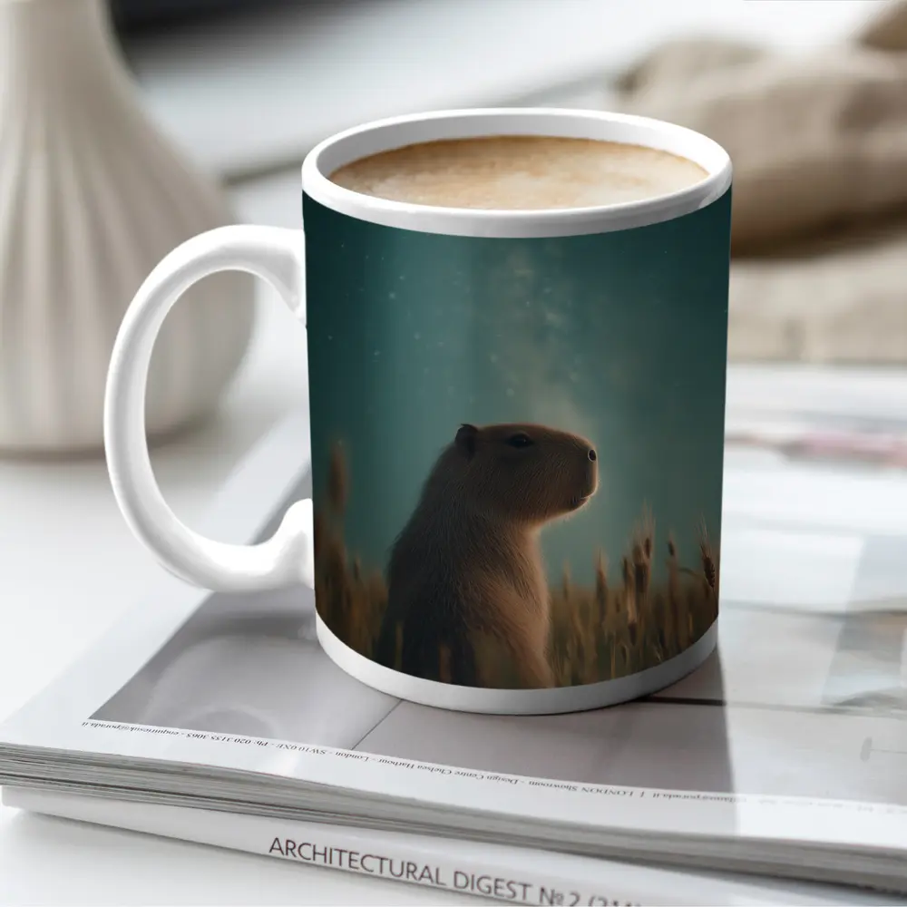 Capybara Sitting In Field Starry Night – Mugs