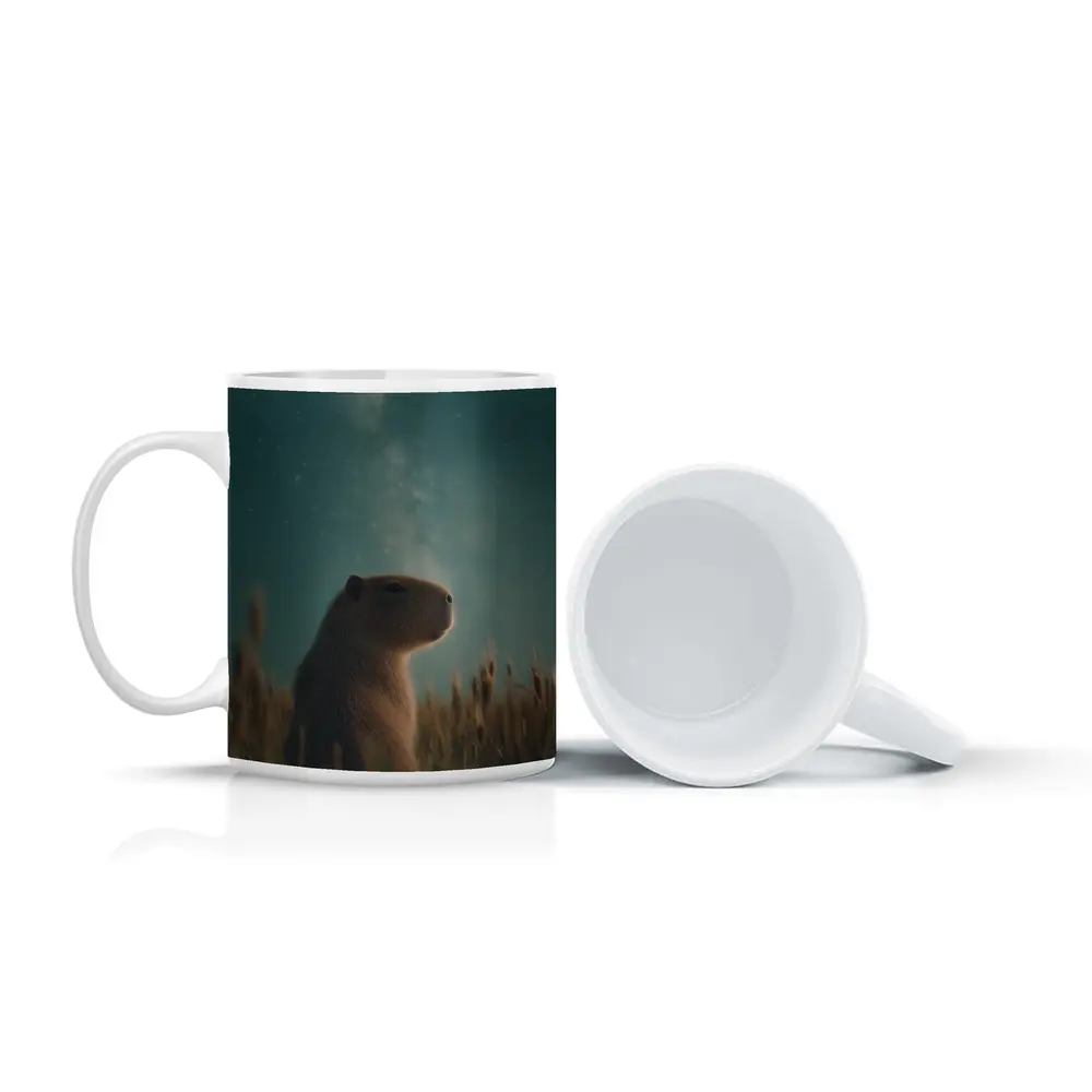 Capybara Sitting In Field Starry Night – Mugs