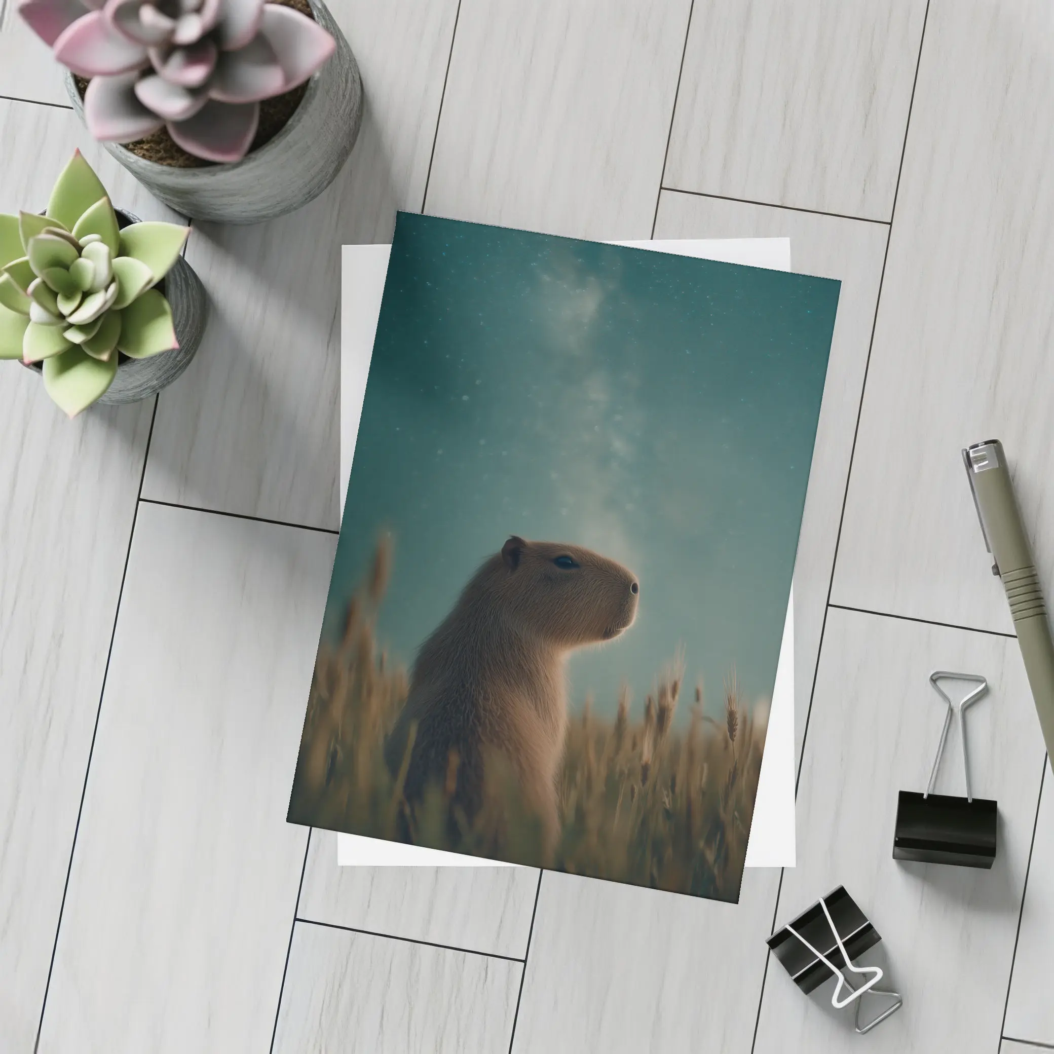 Capybara Sitting In Field Starry Night – Postcards