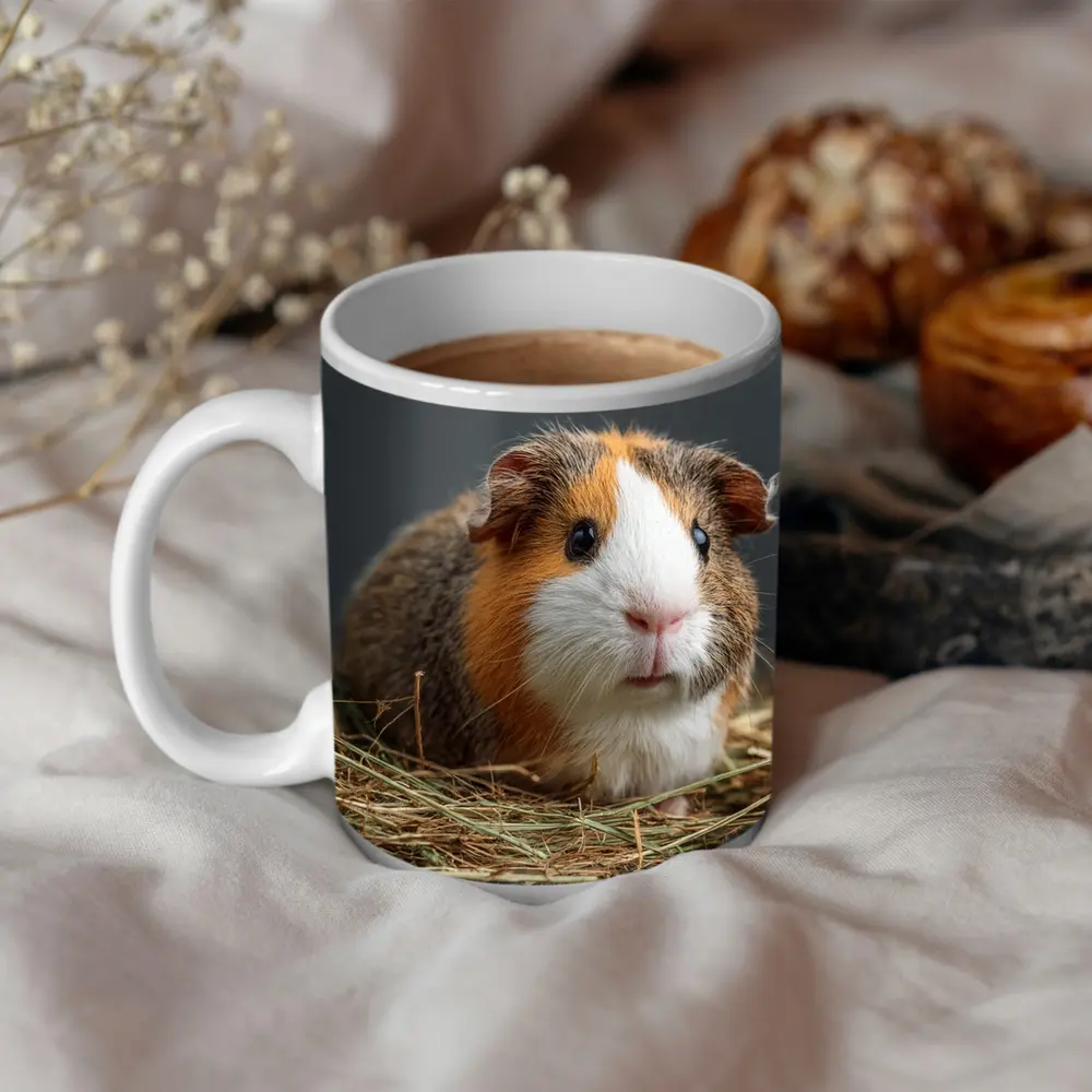 Tricolor Guinea Pig Sitting In Hay – Mugs