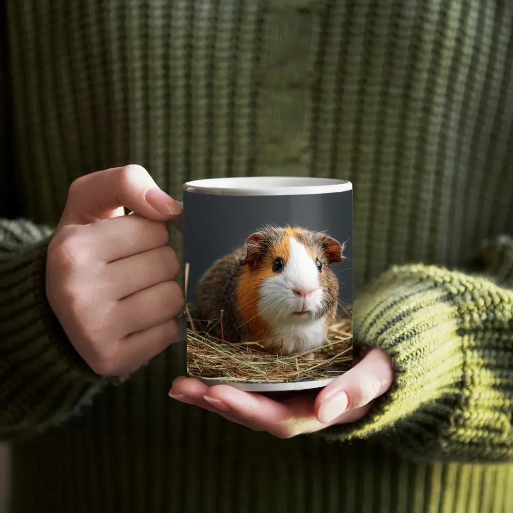 Tricolor Guinea Pig Sitting In Hay – Mugs