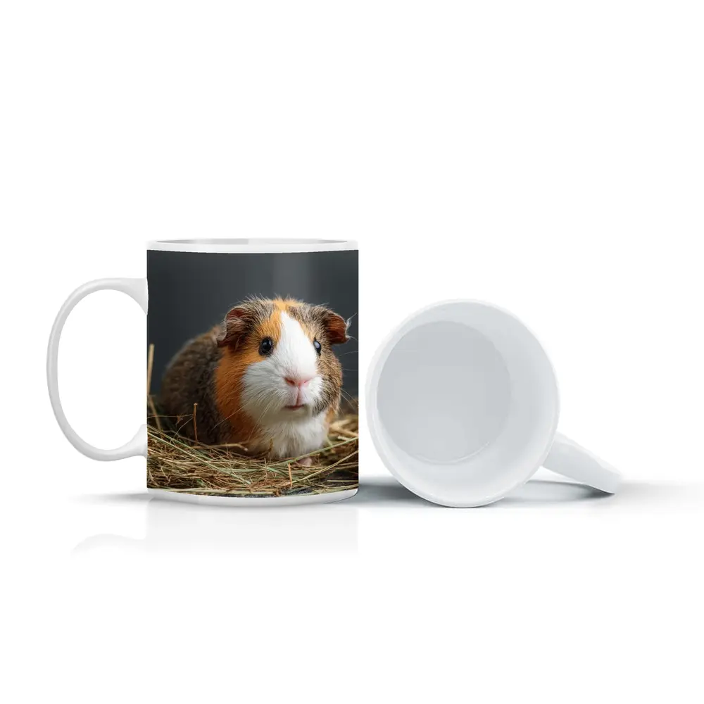 Tricolor Guinea Pig Sitting In Hay – Mugs