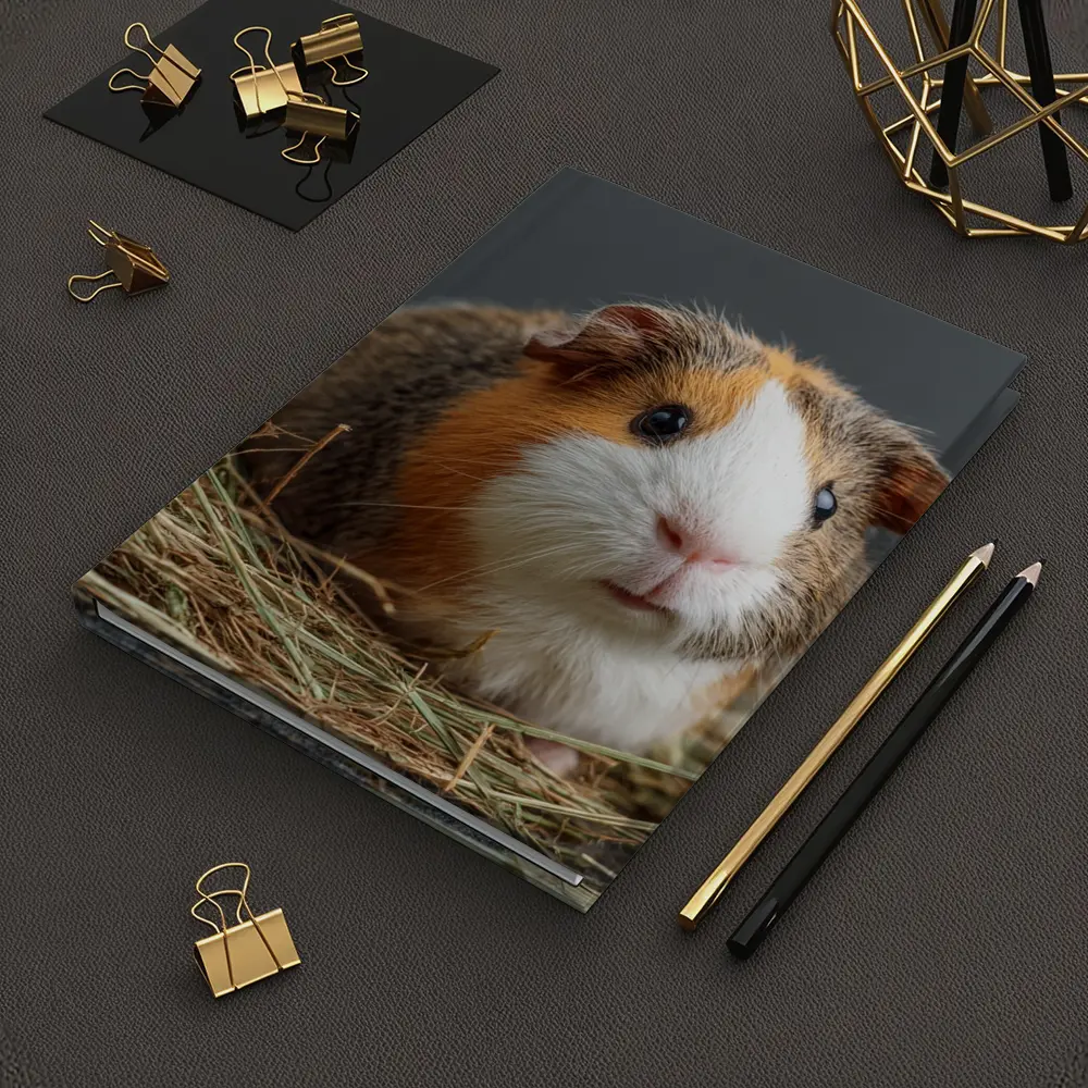 Tricolor Guinea Pig Sitting In Hay – Notebooks