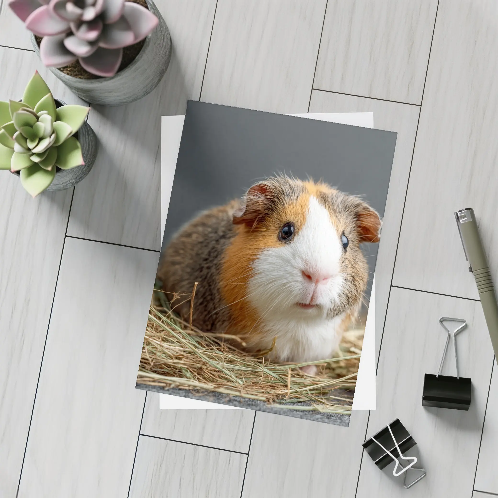 Tricolor Guinea Pig Sitting In Hay – Postcards