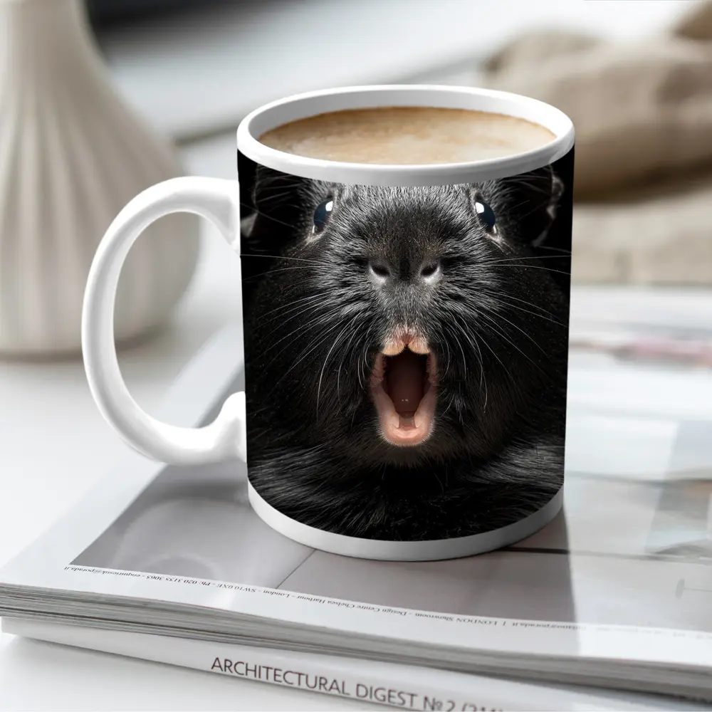 Black Guinea Pig Open Mouth Dark Background – Mugs