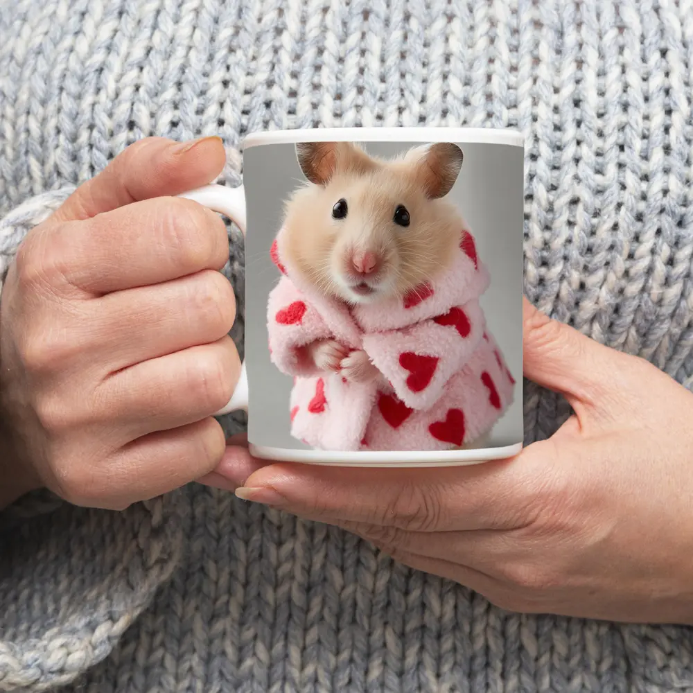 Cute Hamster Wearing Pink Heart Robe – Mugs