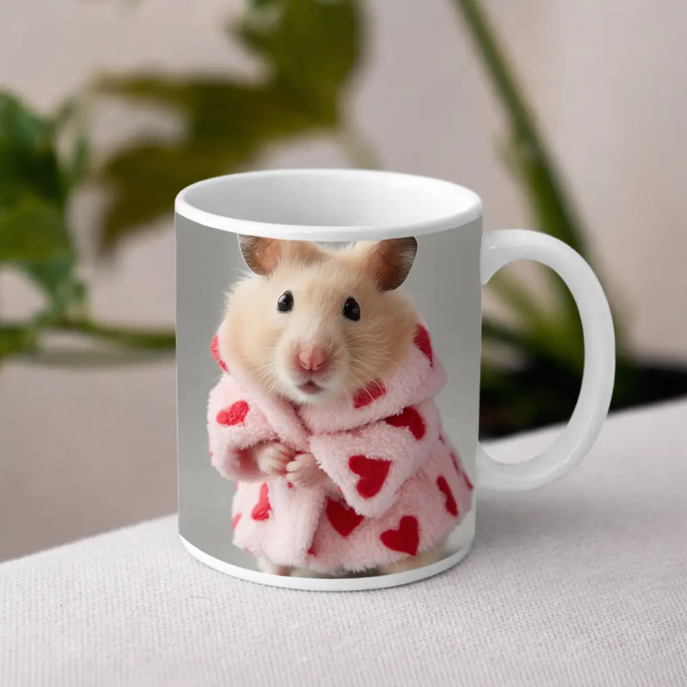 Cute Hamster Wearing Pink Heart Robe – Mugs