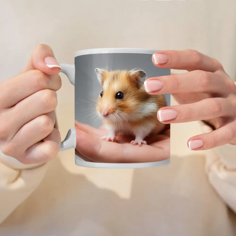 Cute Hamster Sitting On Human Hand – Mugs