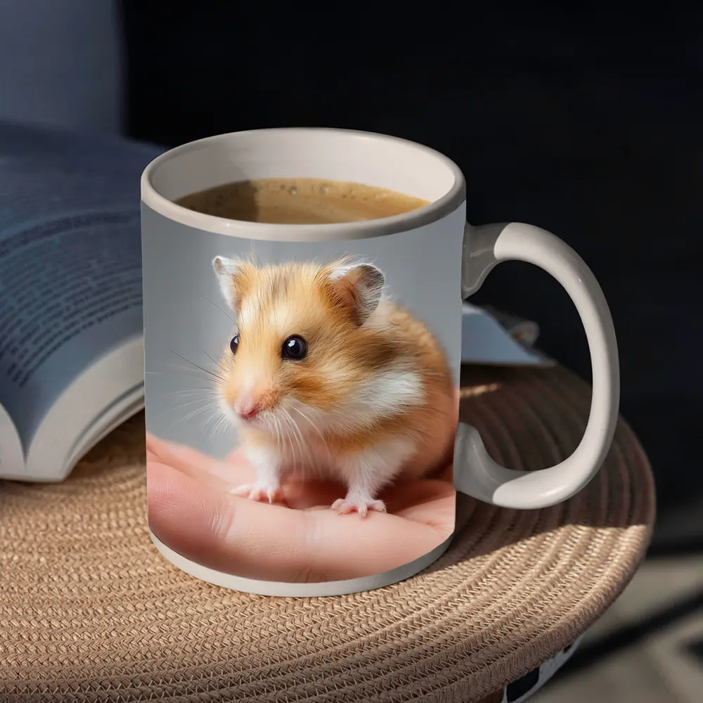 Cute Hamster Sitting On Human Hand – Mugs