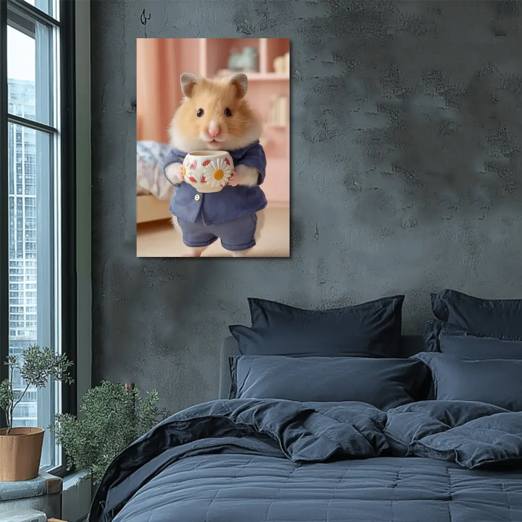 Hamster Wearing Blue Outfit Holding Cup – Wall Art