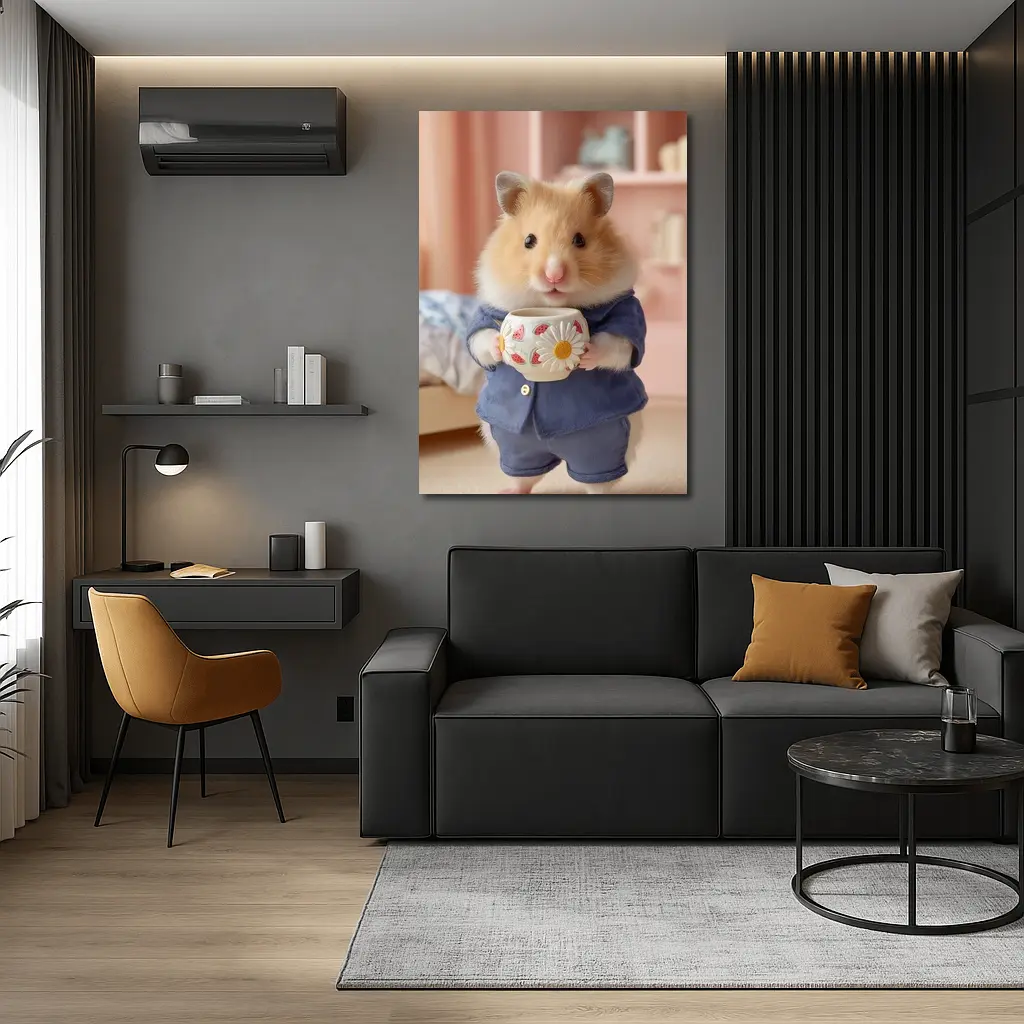 Hamster Wearing Blue Outfit Holding Cup – Wall Art