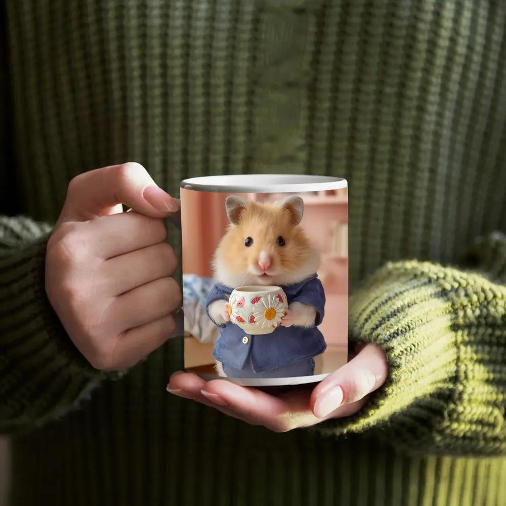 Hamster Wearing Blue Outfit Holding Cup – Mugs