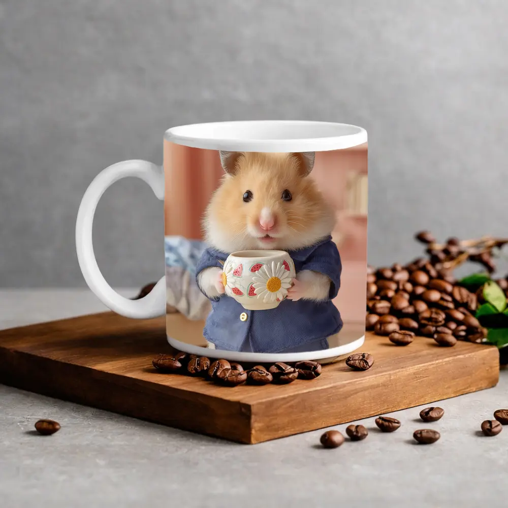Hamster Wearing Blue Outfit Holding Cup – Mugs