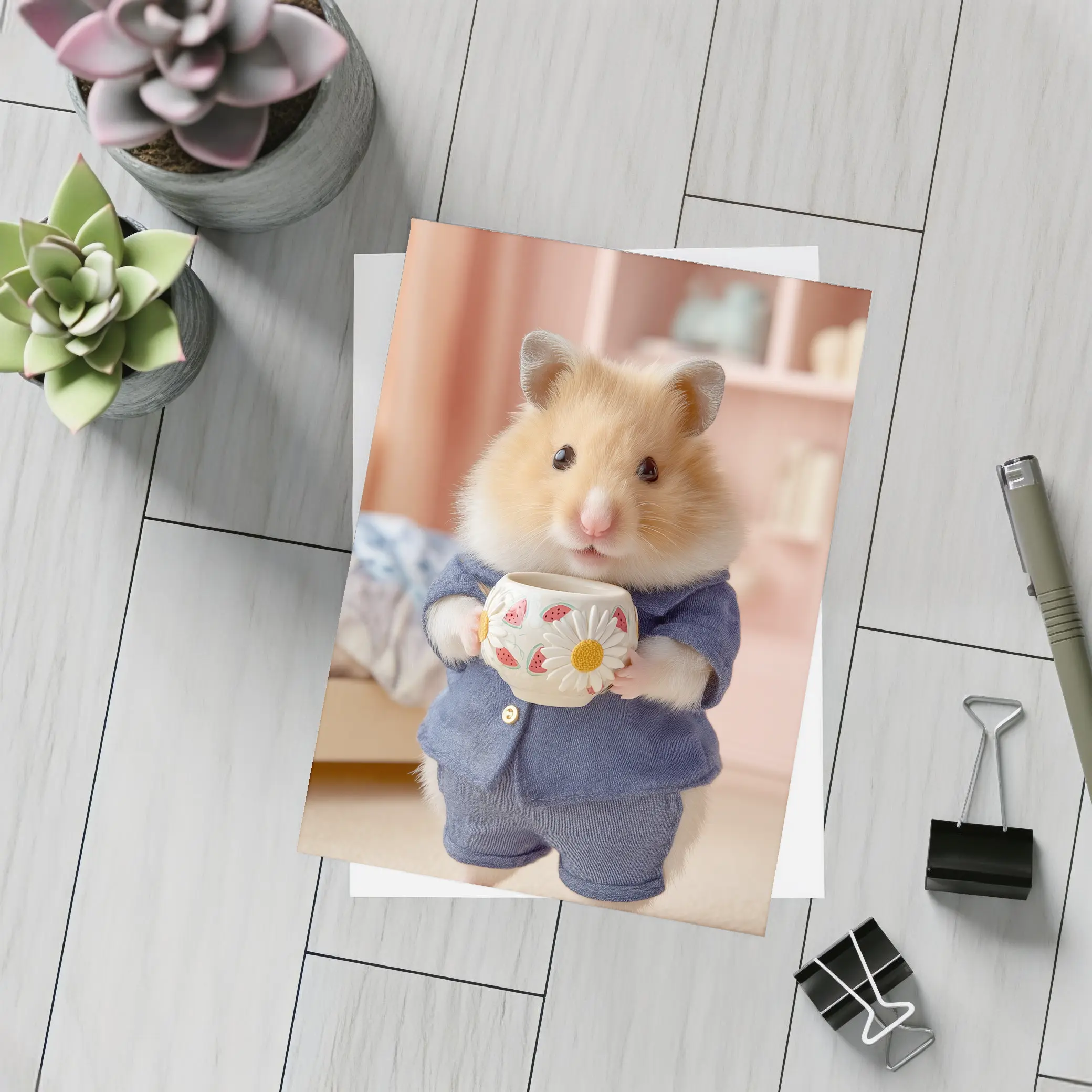 Hamster Wearing Blue Outfit Holding Cup – Postcards