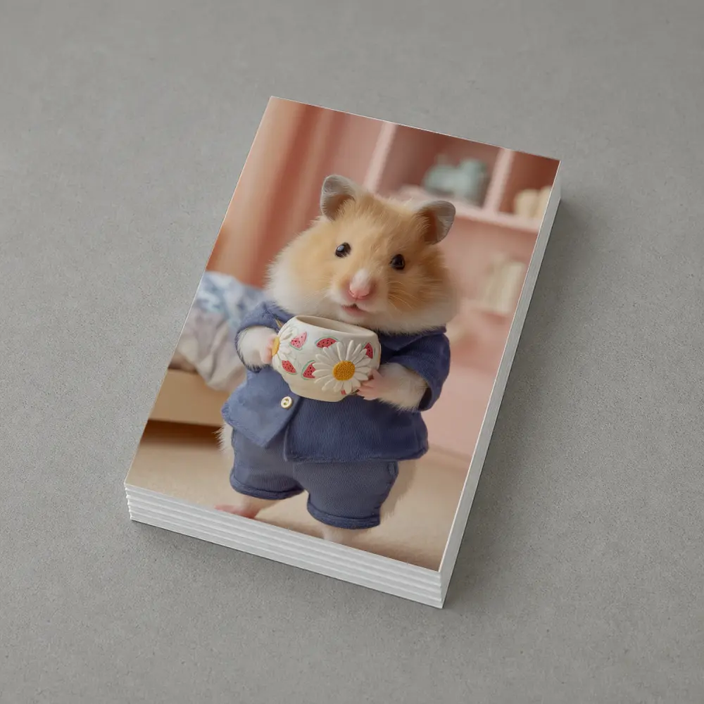 Hamster Wearing Blue Outfit Holding Cup – Postcards
