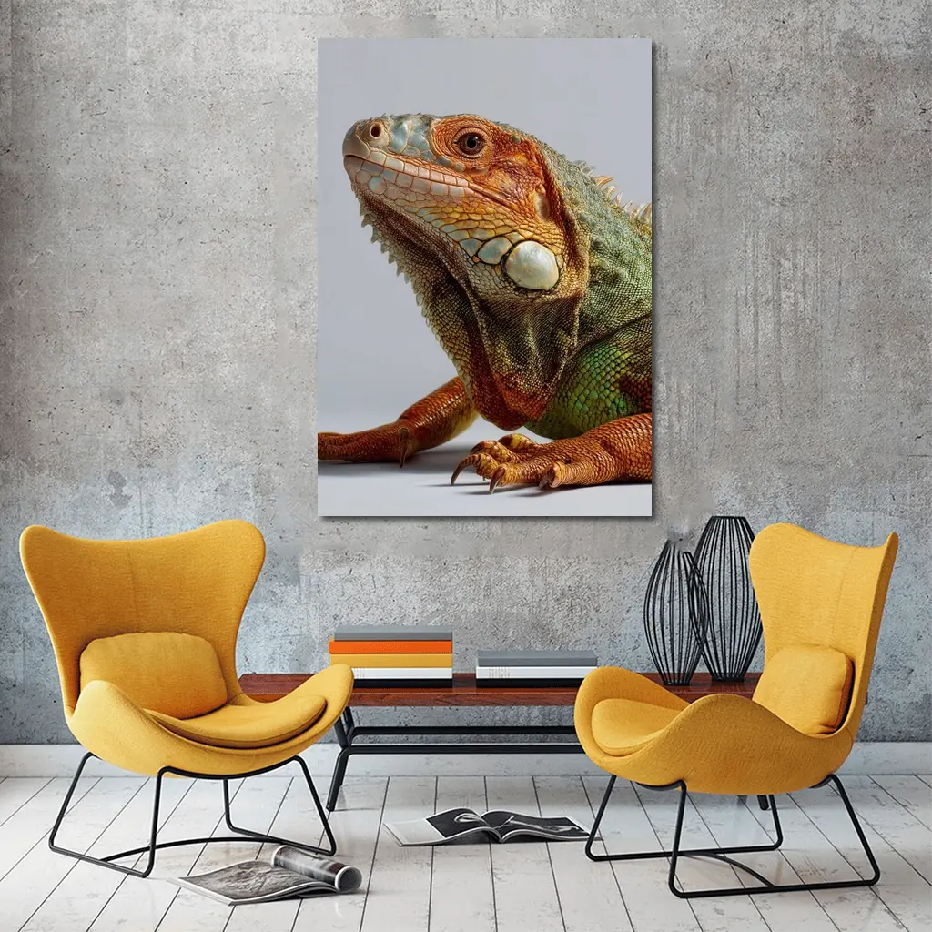 Green Iguana Close Up Gray Background – Wall Art