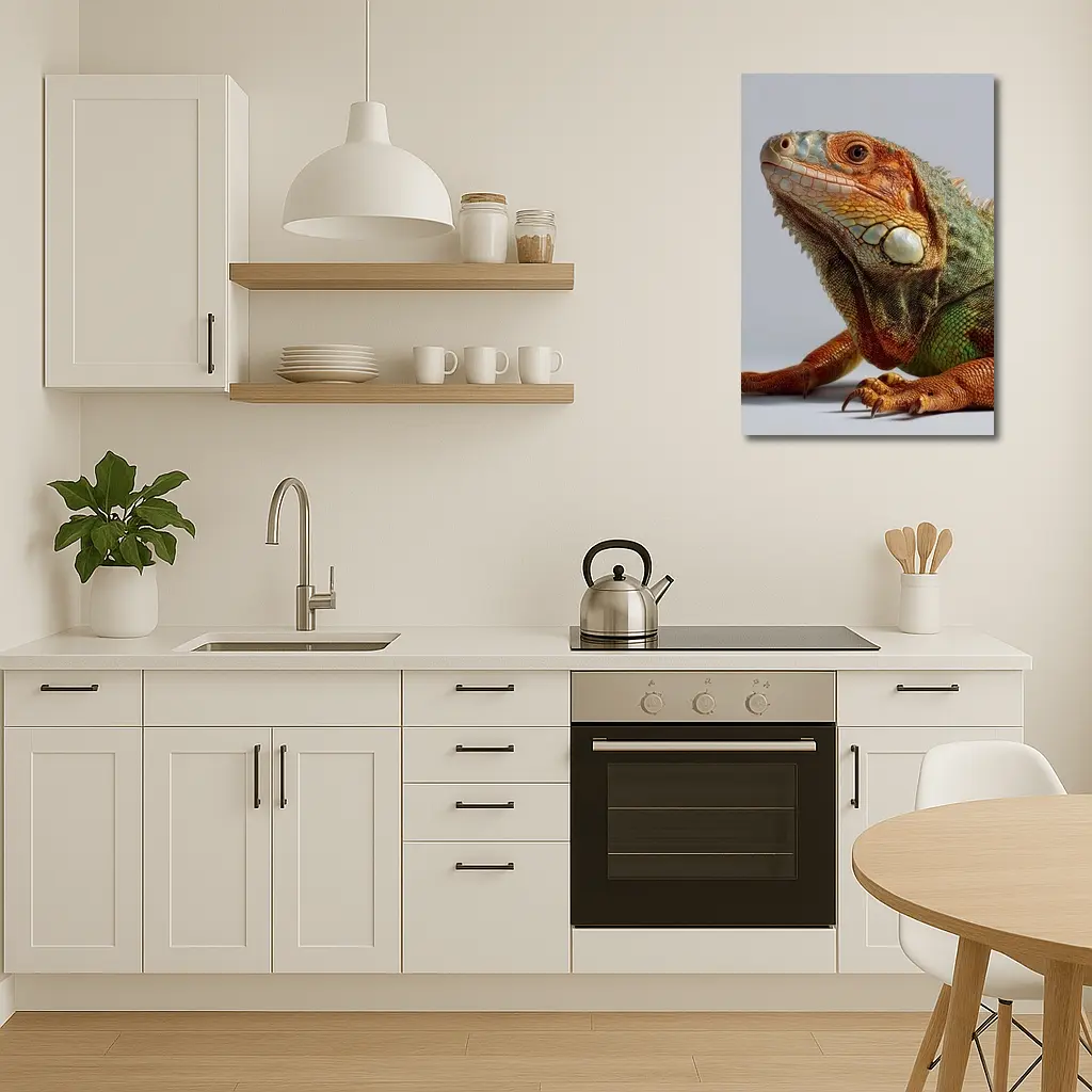 Green Iguana Close Up Gray Background – Wall Art