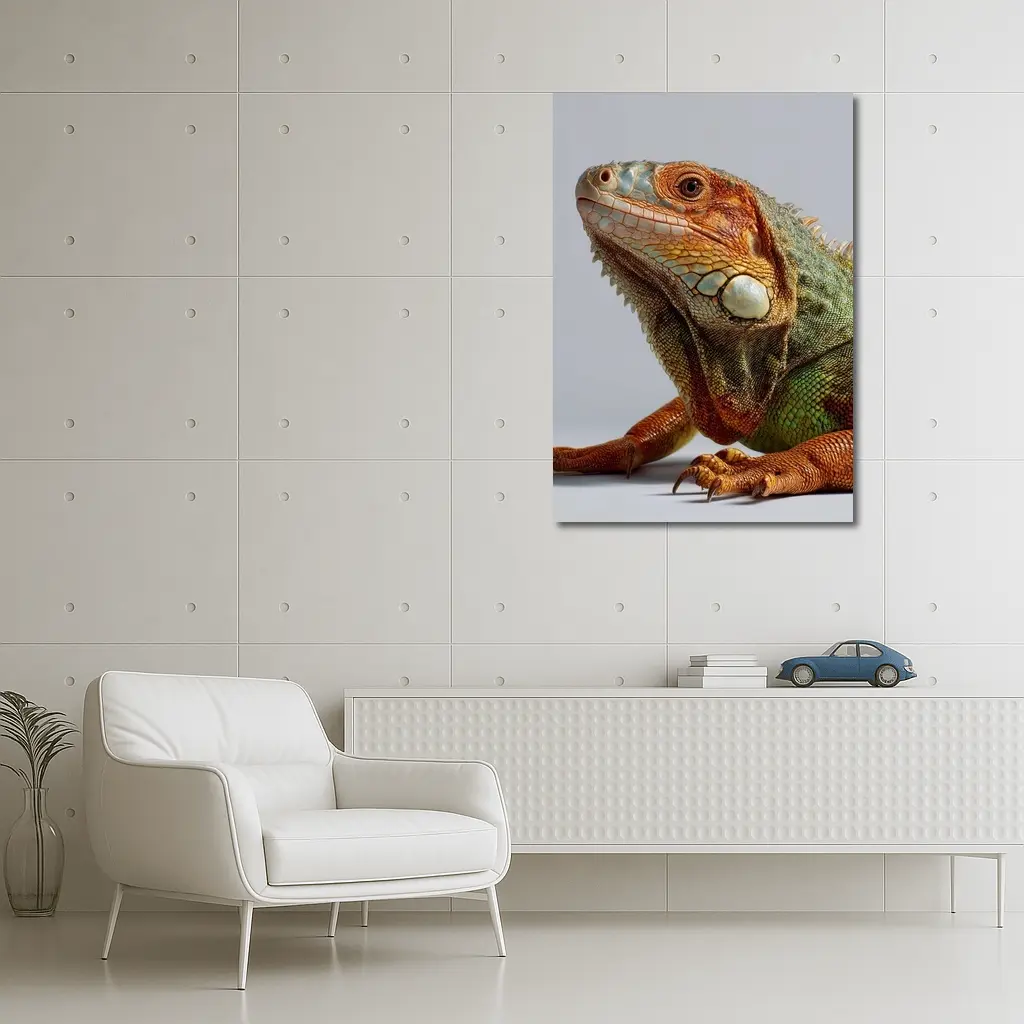 Green Iguana Close Up Gray Background – Wall Art