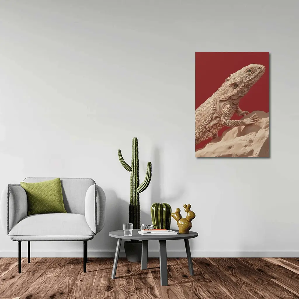 Bearded Dragon Lizard On Red Background – Wall Art