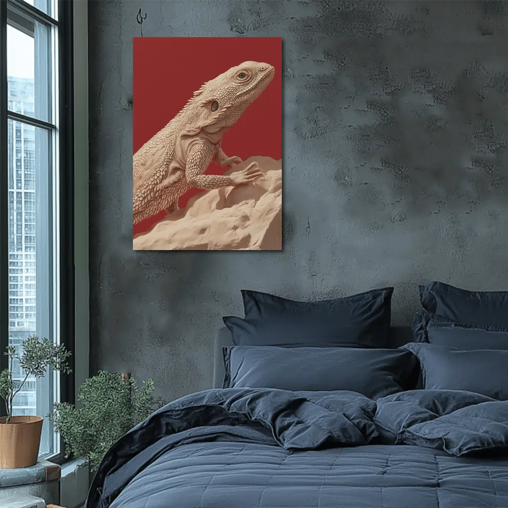 Bearded Dragon Lizard On Red Background – Wall Art