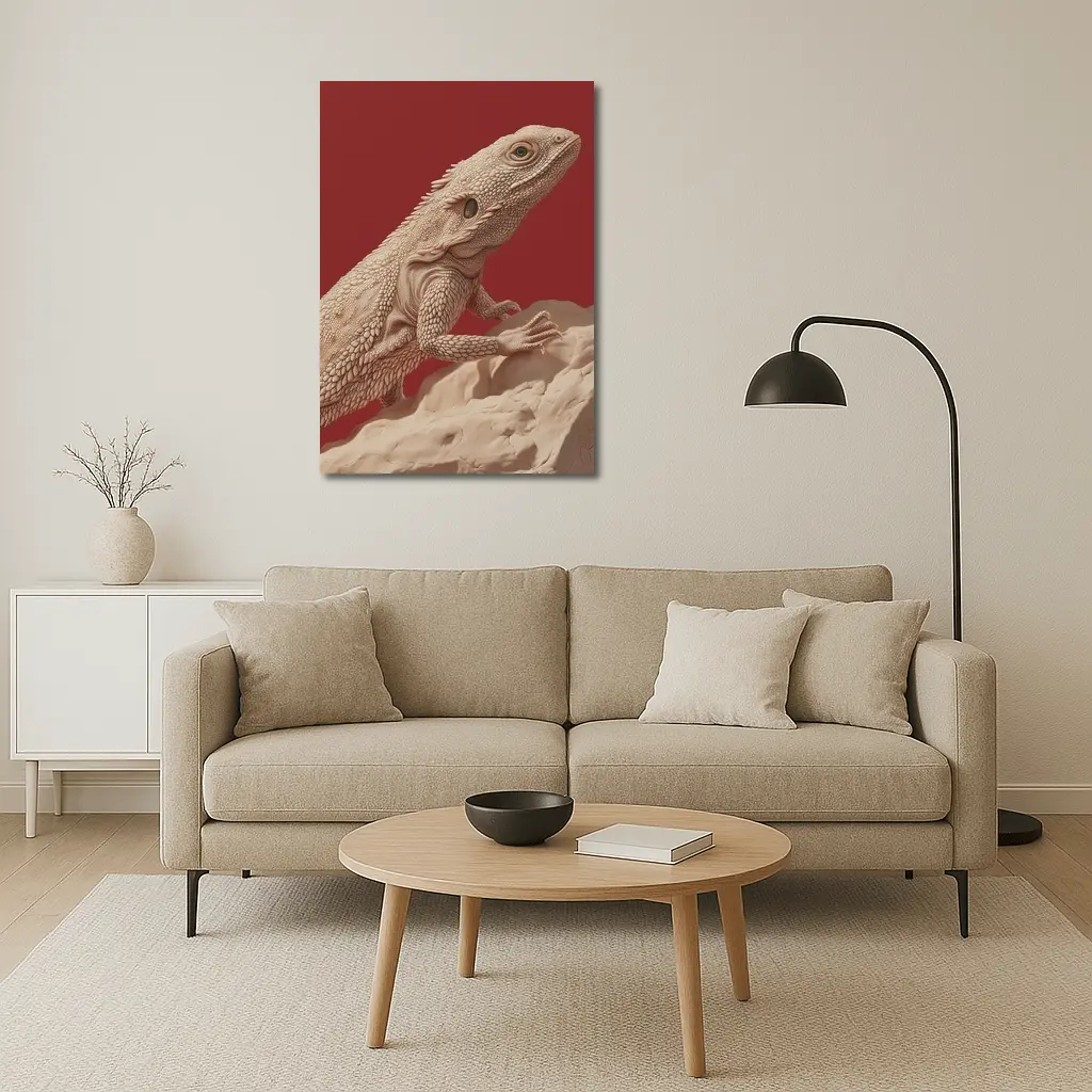 Bearded Dragon Lizard On Red Background – Wall Art
