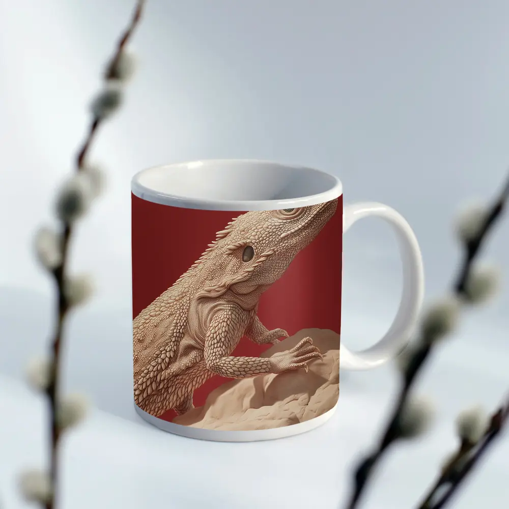 Bearded Dragon Lizard On Red Background – Mugs