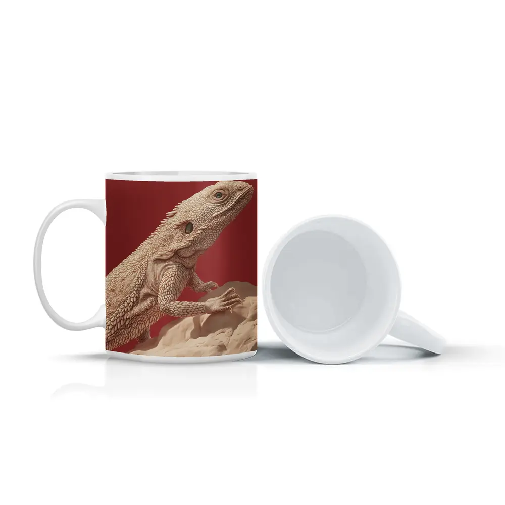 Bearded Dragon Lizard On Red Background – Mugs