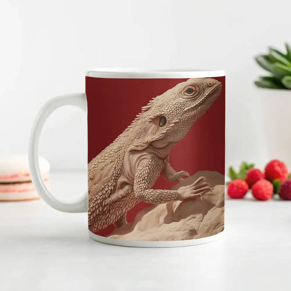Bearded Dragon Lizard On Red Background – Mugs