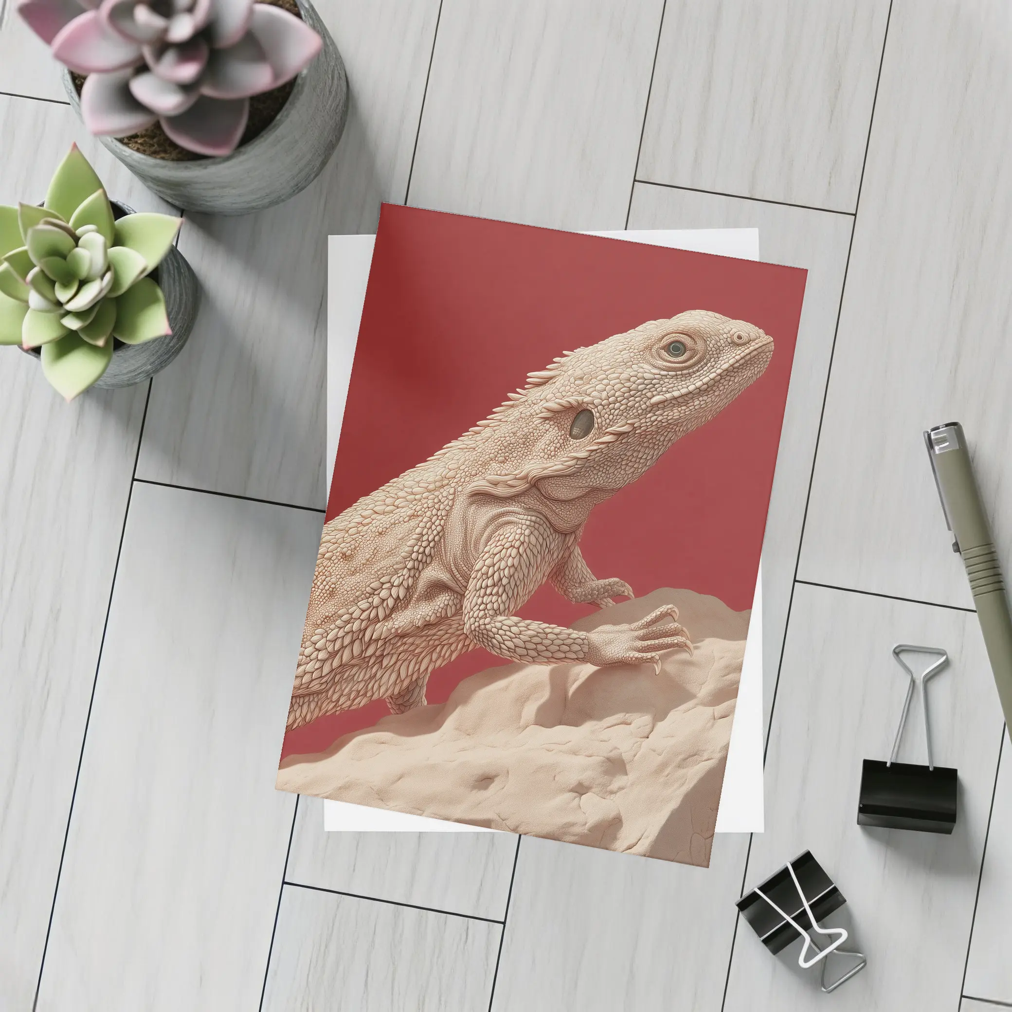 Bearded Dragon Lizard On Red Background – Postcards