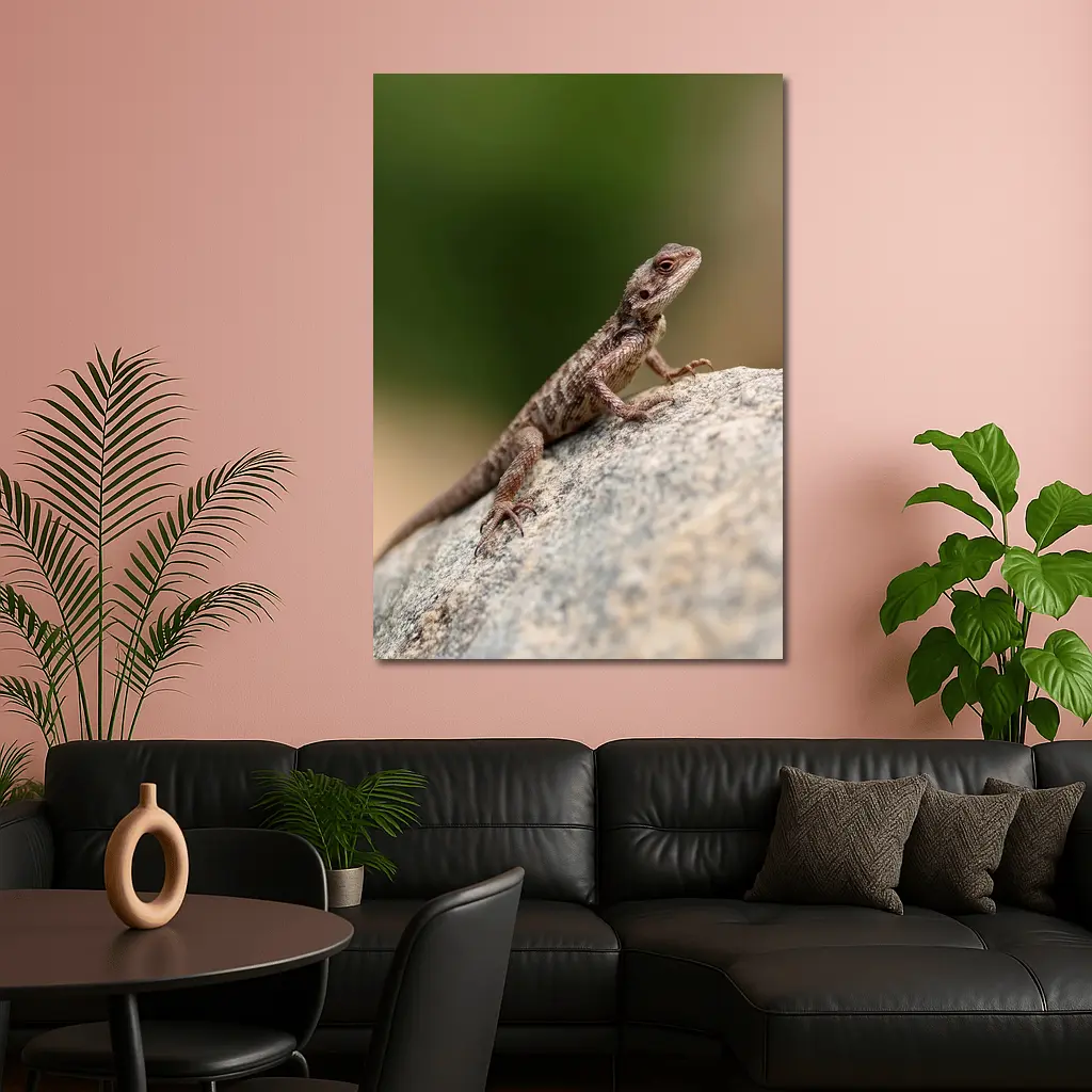 Brown Lizard Perched On Rock Outdoors – Wall Art