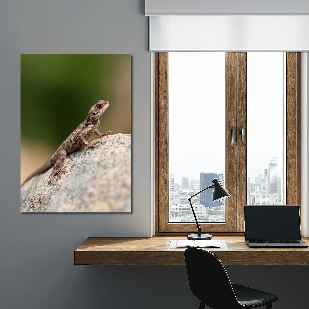 Brown Lizard Perched On Rock Outdoors – Wall Art
