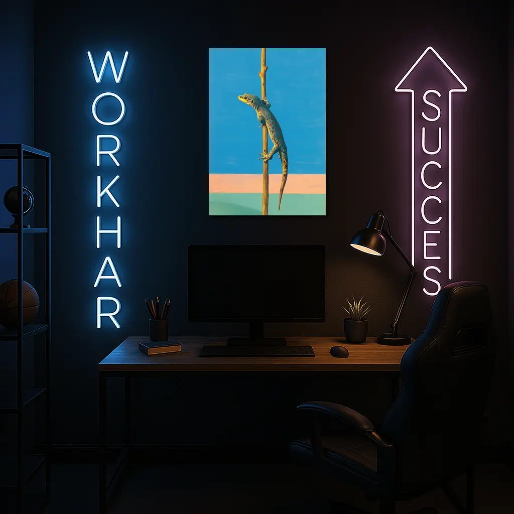 Gecko Climbing Stick Blue Minimalist Background – Wall Art