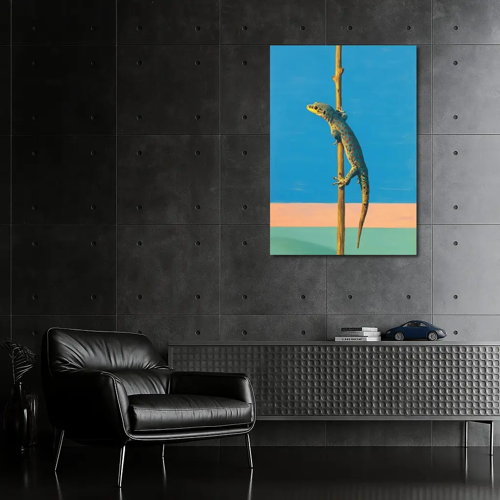 Gecko Climbing Stick Blue Minimalist Background – Wall Art