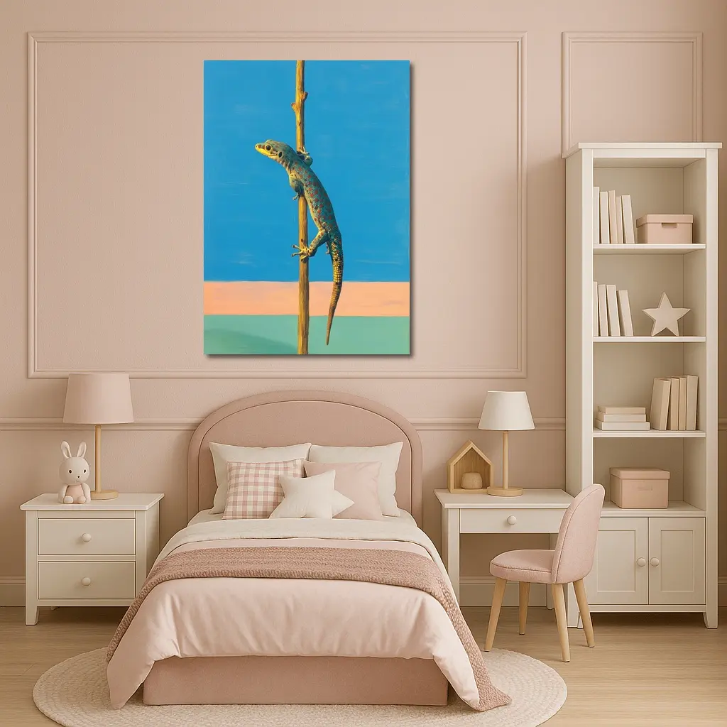 Gecko Climbing Stick Blue Minimalist Background – Wall Art