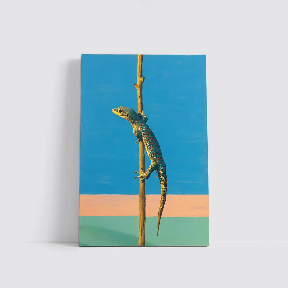 Gecko Climbing Stick Blue Minimalist Background – Wall Art