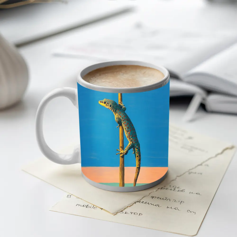 Gecko Climbing Stick Blue Minimalist Background – Mugs