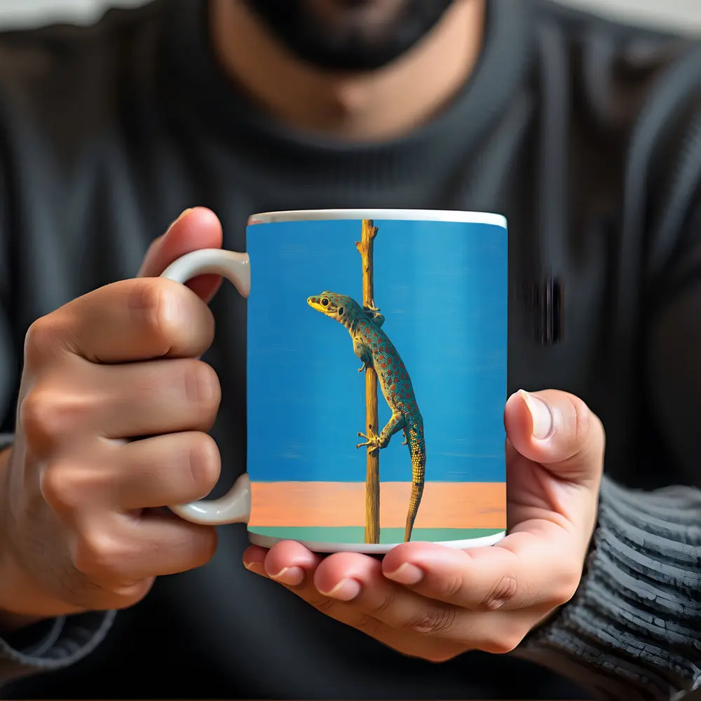 Gecko Climbing Stick Blue Minimalist Background – Mugs