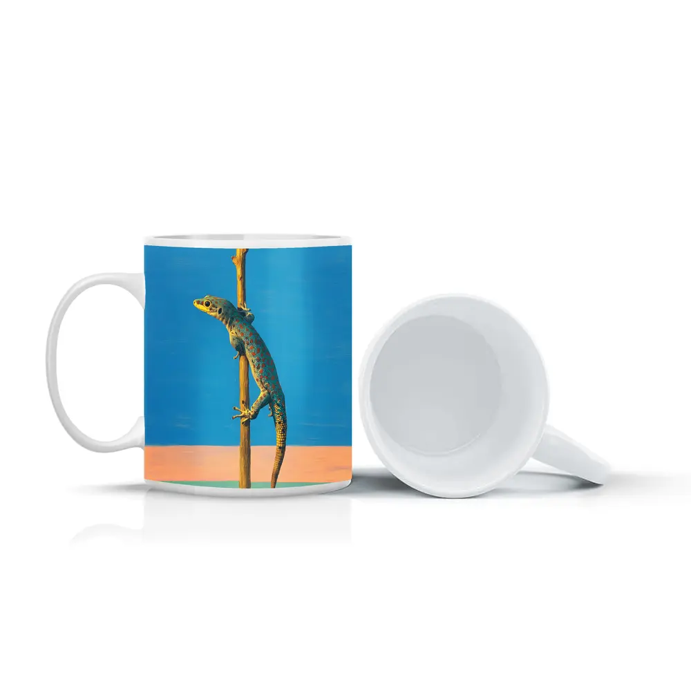 Gecko Climbing Stick Blue Minimalist Background – Mugs