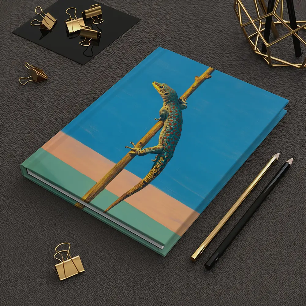 Gecko Climbing Stick Blue Minimalist Background – Notebooks