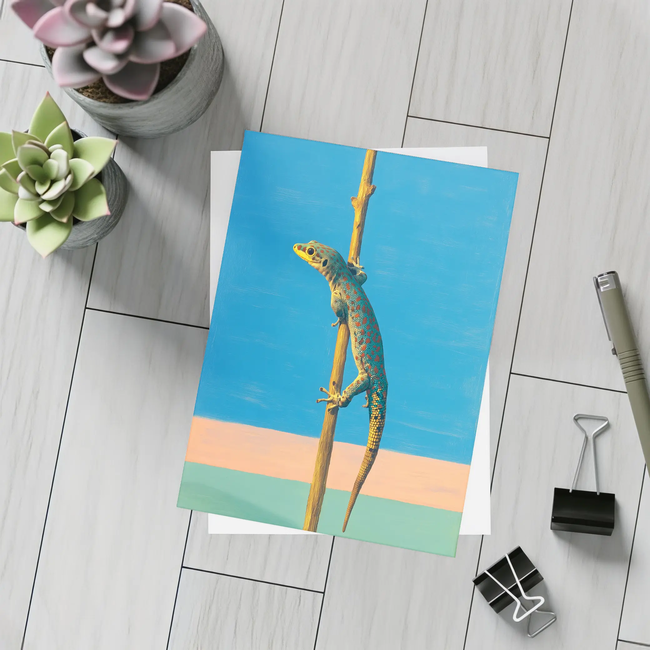 Gecko Climbing Stick Blue Minimalist Background – Postcards