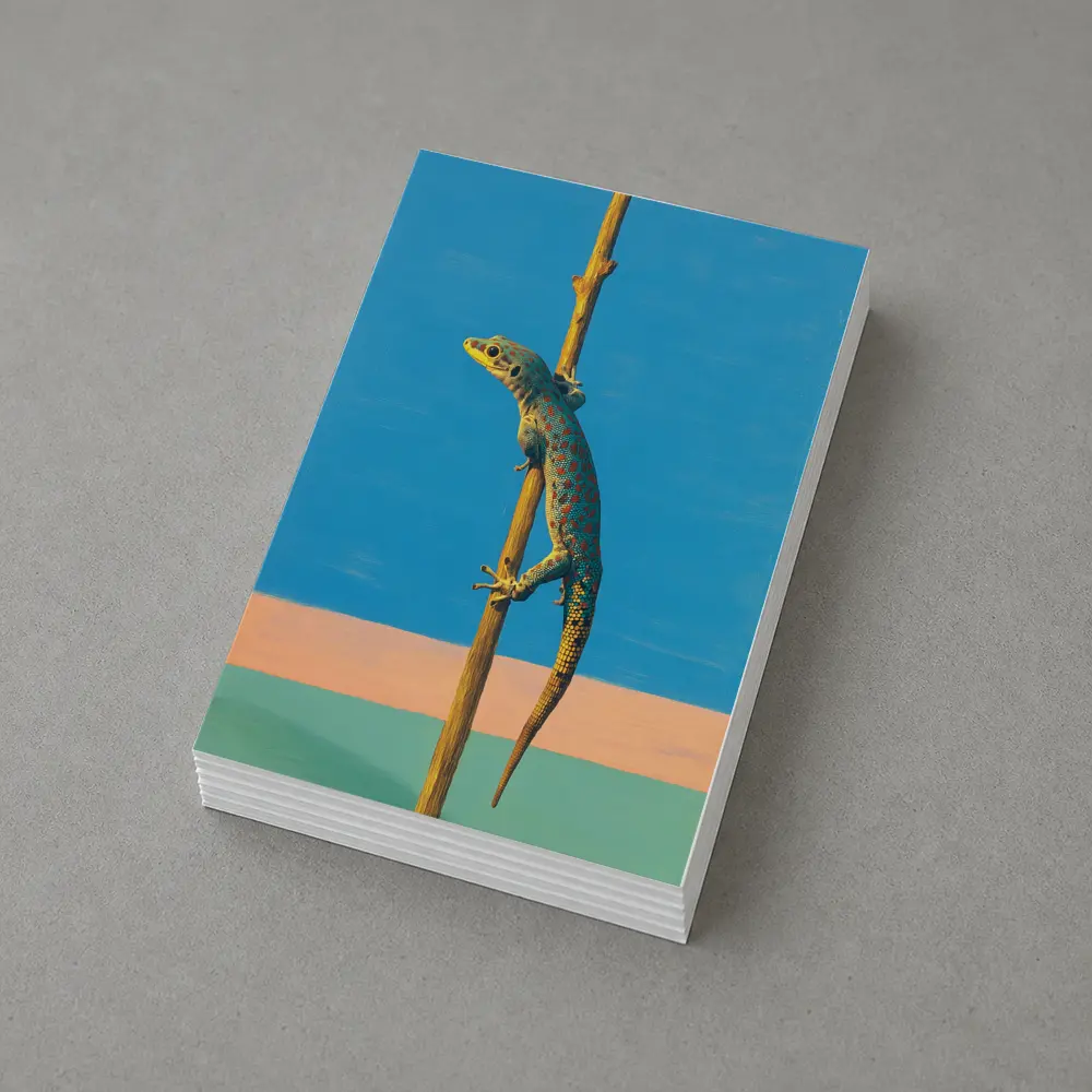Gecko Climbing Stick Blue Minimalist Background – Postcards