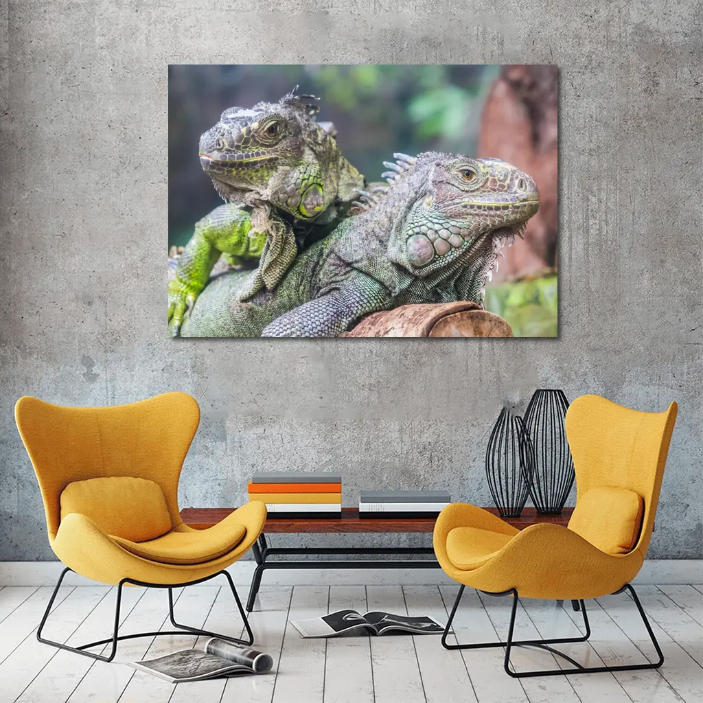Two Green Iguanas Resting on Wood – Wall Art
