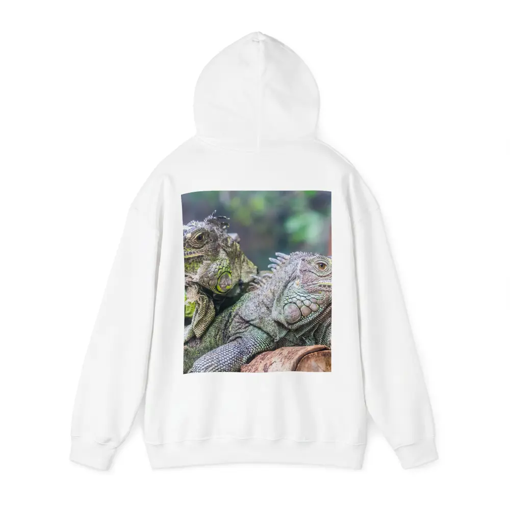 Two Green Iguanas Resting on Wood – Hoodies