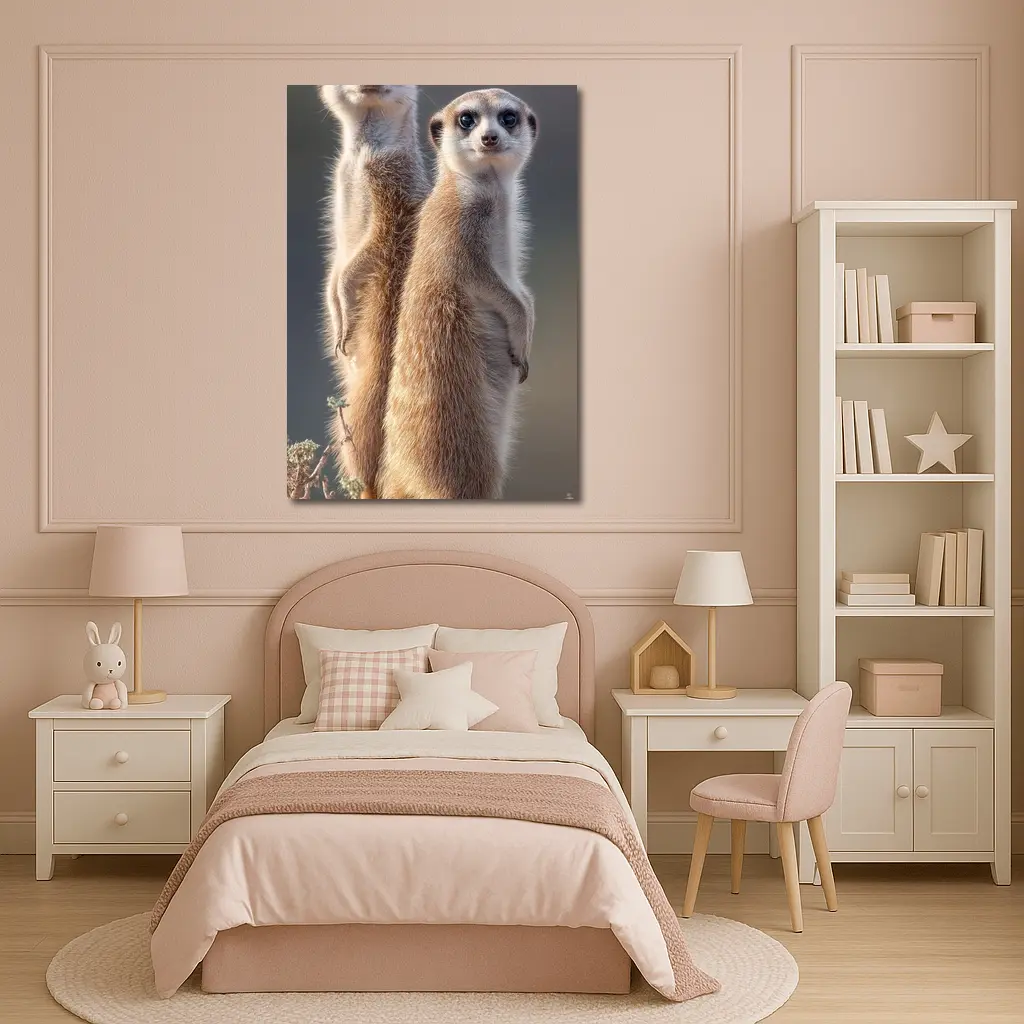 Two Meerkats Standing Alert Desert Background – Wall Art