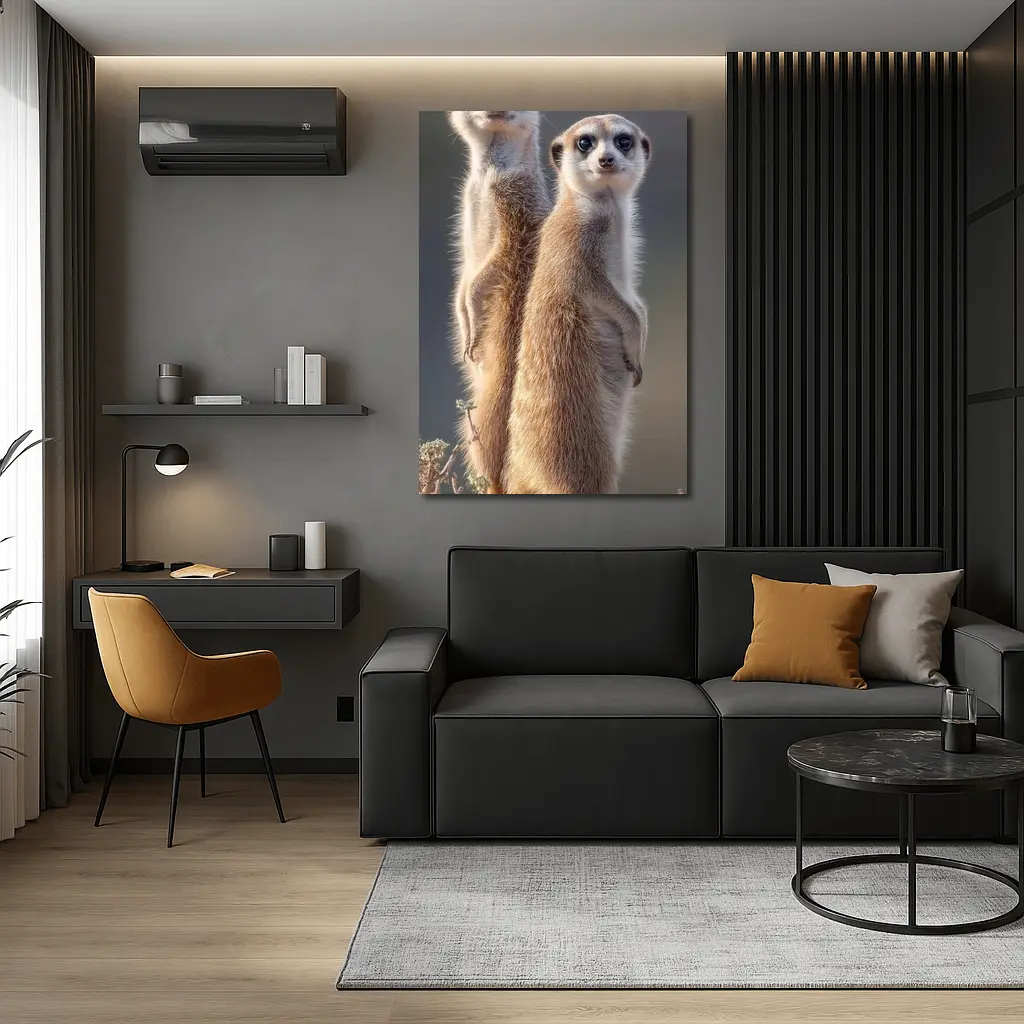 Two Meerkats Standing Alert Desert Background – Wall Art