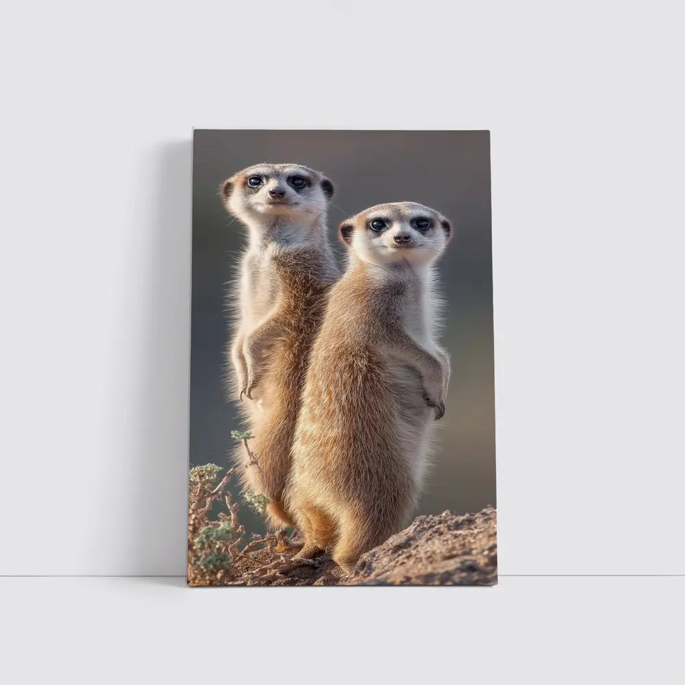 Two Meerkats Standing Alert Desert Background – Wall Art