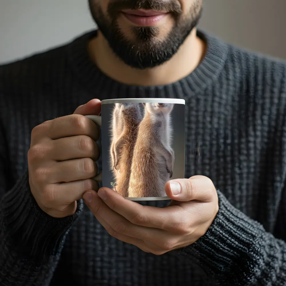 Two Meerkats Standing Alert Desert Background – Mugs