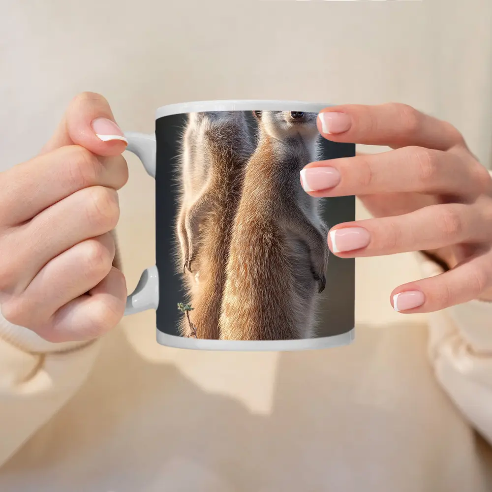 Two Meerkats Standing Alert Desert Background – Mugs